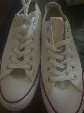 Converse White Canvas Lace-Up Flats with Red Trim